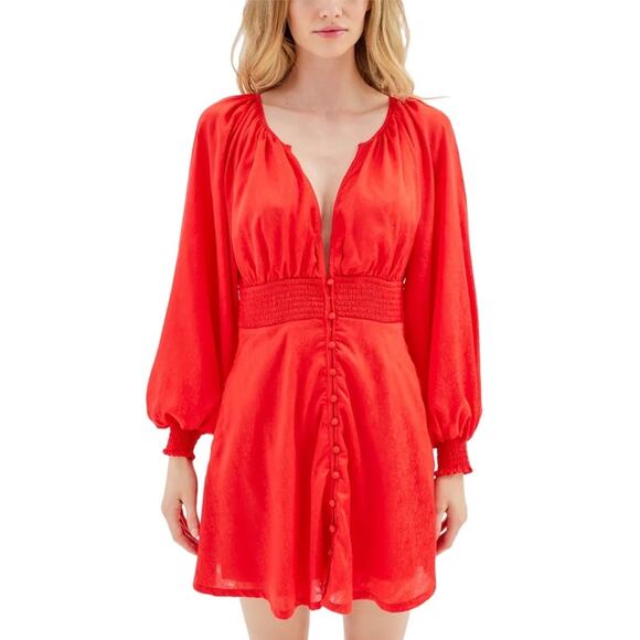 Urban Outfitters Rebecca Red Long Sleeve Jacquard Boho Holiday Mini Dress Small - Picture 1 of 13